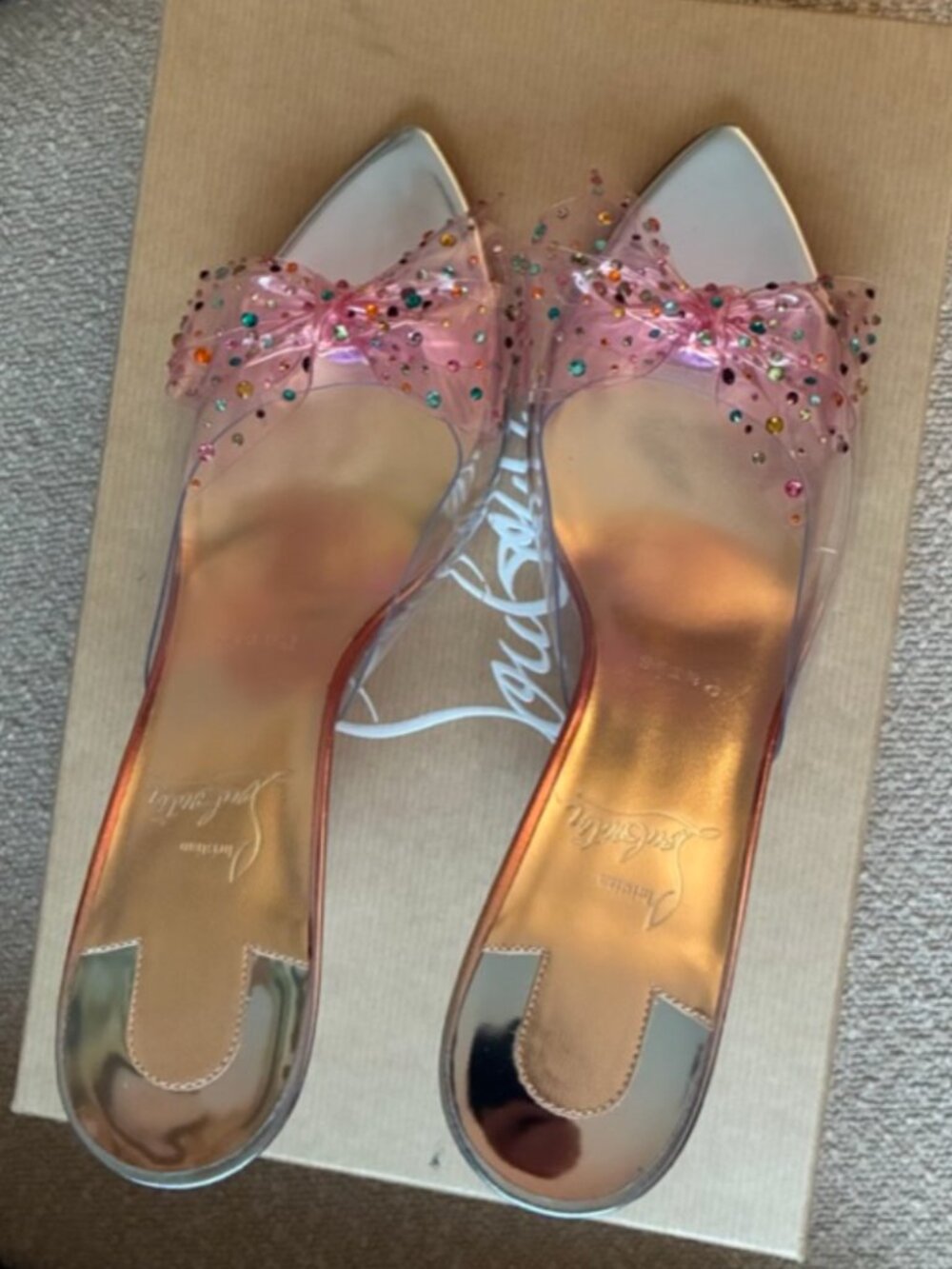 Christian Louboutin AquaStrass PVC Pink Crystal Bow Mules SIZE 7.5/39 (see note) - Picture 7 of 16